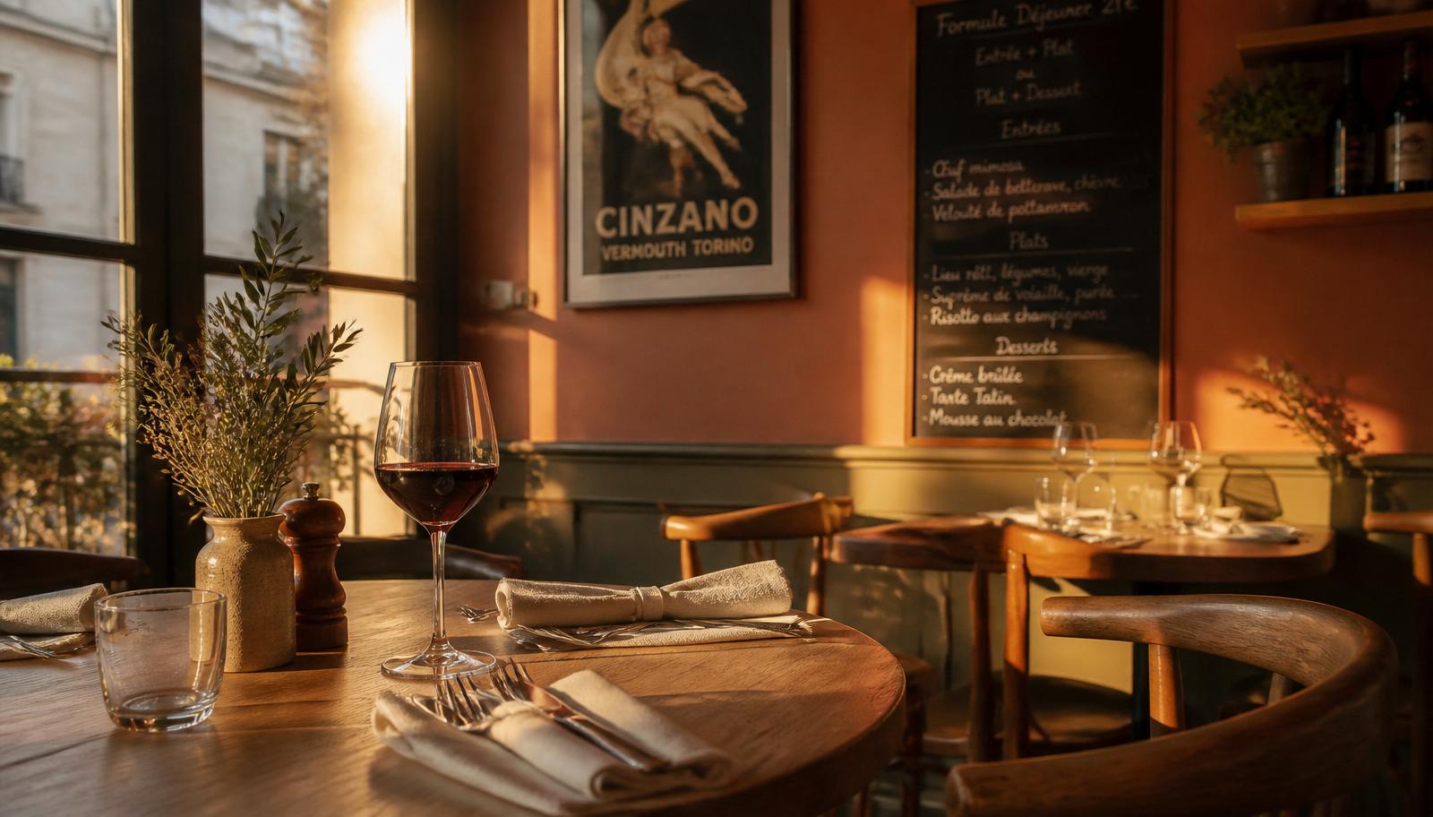 Intérieur chaleureux d'un bistrot français à la lumière dorée